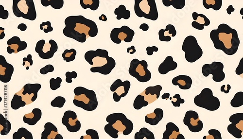 A repeating pattern of leopard spots in warm beige, tan, and black colors on a pale cream background.