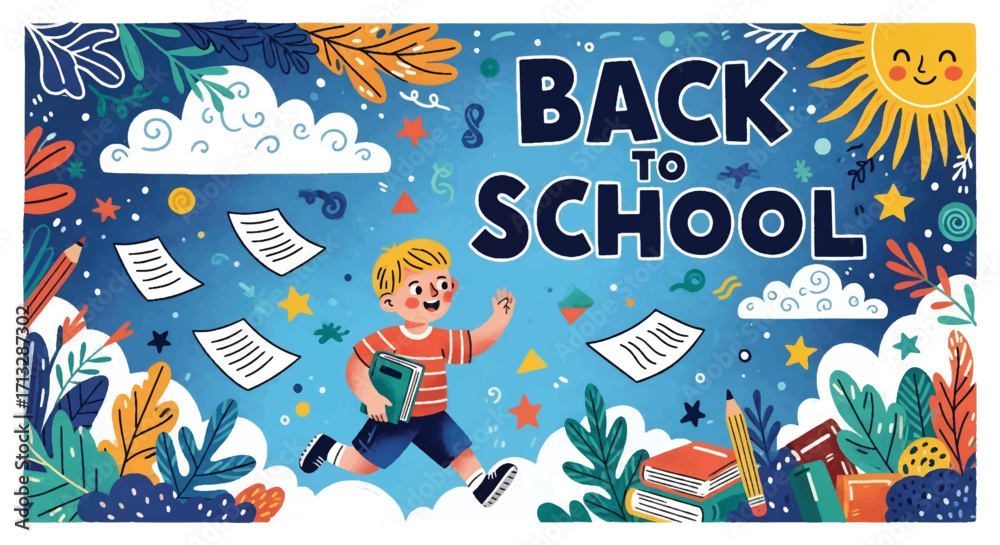 Obraz premium Adobe illustrator artwork vector illustration. A joyful boy with a backpack and book runs towards