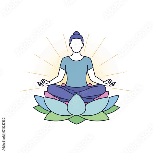 A serene person meditates in lotus position on a vibrant lotus flower with radiant yellow lines behind, conveying peace and tranquility.