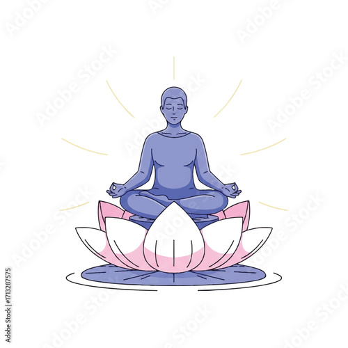 Illustration of a meditating person sitting on a lotus flower with a serene and peaceful mood.