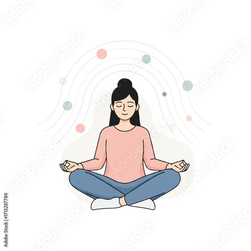 Illustration of a serene young woman meditating in lotus position with closed eyes and gentle smile against a minimalist pastel-colored background.