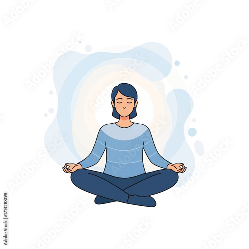 Illustration of a serene woman meditating in lotus position with closed eyes and a calming blue aura around her.