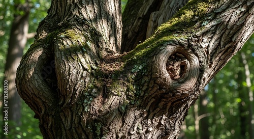 Closeup of a tree trunk with intricate bark texture.