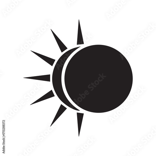 Solar eclipse icon showing the moon passing in front of the sun. Black and white vector graphic symbol of a celestial astronomical event, isolated on a white background.
