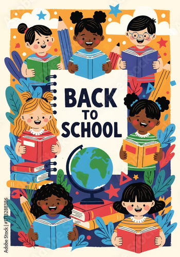 Adobe illustrator artwork vector illustration. Diverse happy children read books around a "Back to School" notebook, with a globe, pencils, and stars, celebrating learning