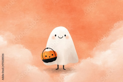 Adorable kawaii ghost character holding a trick or treat candy bucket with a pumpkin face on a soft orange watercolor background