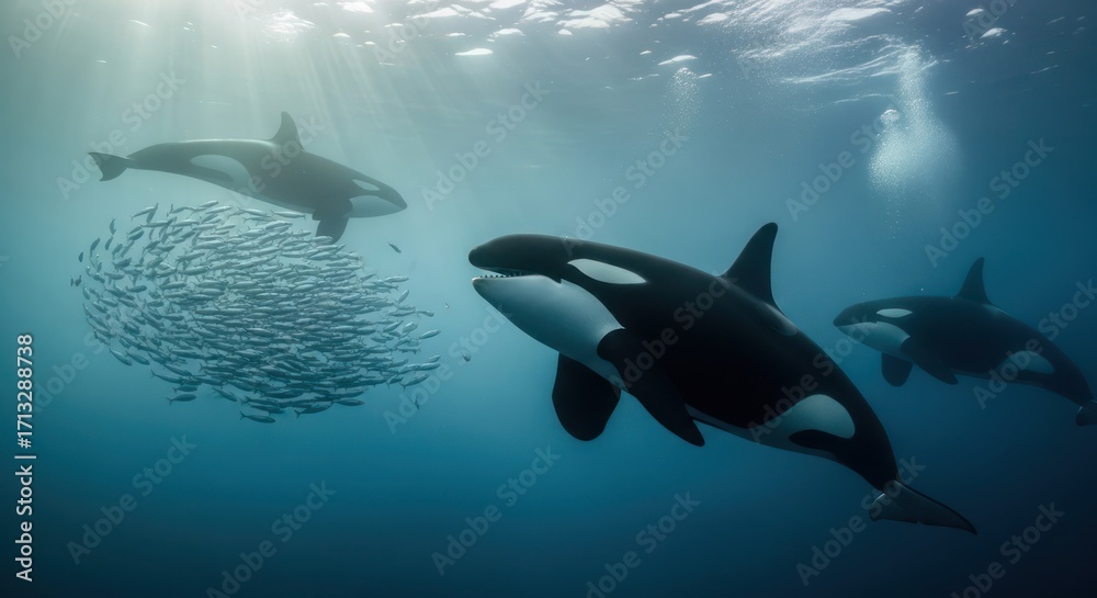 Fototapeta premium Underwater realm of killer whales pursuing a school of fish in their natural habitat