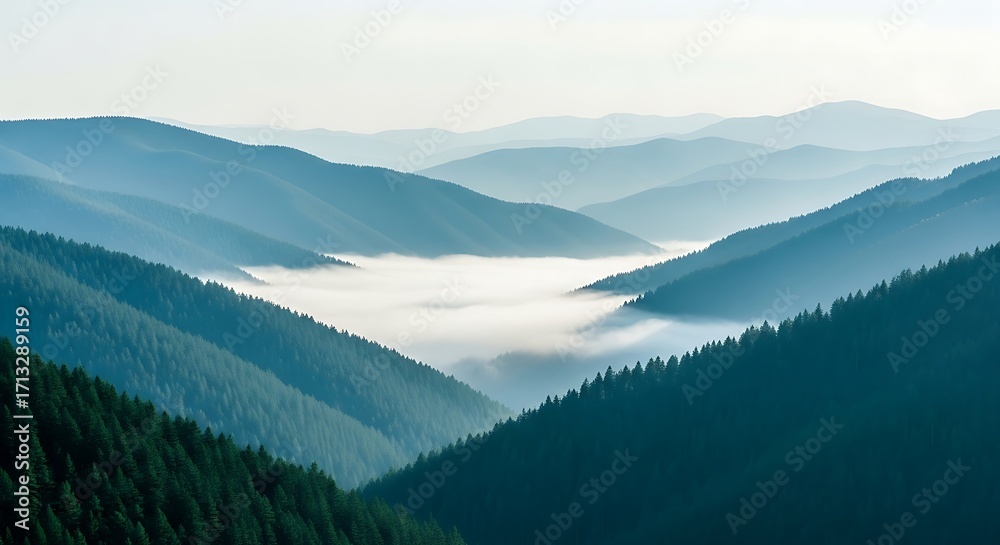 Obraz premium Mountains' Serene Embrace A Misty Landscape of Peaks and Valleys