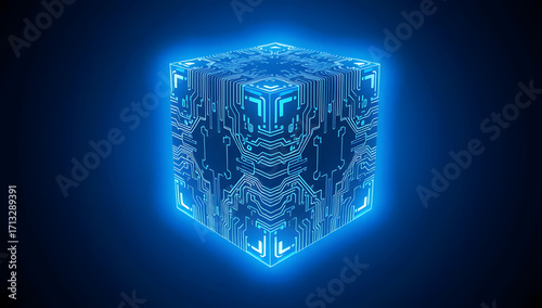 Abstract digital cube design with glowing blue circuit patterns on a dark background