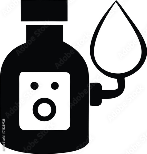 Black silhouette icon of a bottle dispensing liquid droplet symbolizing healthcare medical pharmaceutical drug or chemical substance