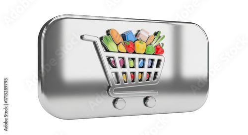 Metallic Shopping Cart Icon with Colorful Groceries Illustration.