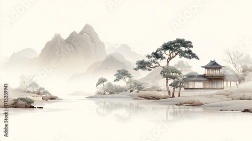 A traditional Chinese landscape painting featuring mountains, a pavilion, trees, and mist, with calm water reflecting the scenery.