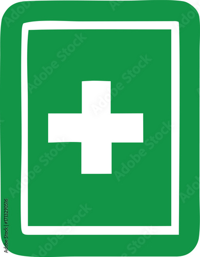 Iconic green first aid kit symbol with white cross for emergency medical supplies and health services