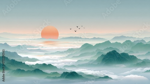 A picturesque mountain landscape at dawn with a rising sun, foggy valleys, and birds flying in the clear sky.