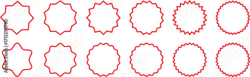 Starburst stickers outline icon set. Red starburst label shape for promo, sale, price offer badges isolated on transparent background. Special offer price tag, promotional labels vector illustration.