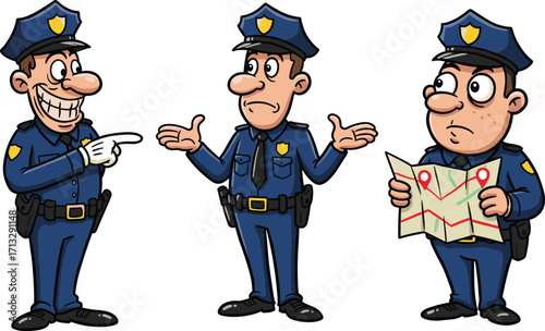 Cartoon police officers, pointing gesture, questioning pose, reading map, law enforcement characters, blue uniform, public safety, patrol duty, humorous scene, vector illustration