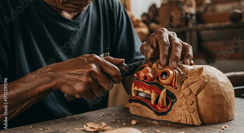 Skilled Artisan Carving Wooden Mask Traditional Craftsmanship Detailed Work Closeup View.