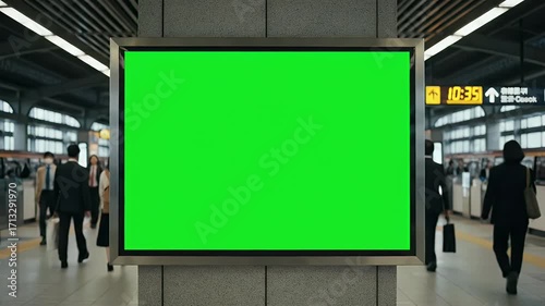 Large green screen billboard mockup in modern subway station with blurred commuters. Digital advertising display concept.