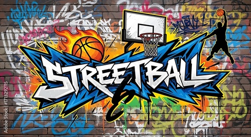 Colorful Streetball Graffiti Art on Brick Wall.