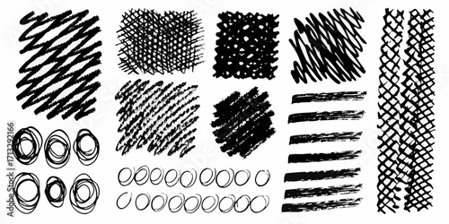 Collection of hand drawn black ink scribbles brush strokes and textures on white background