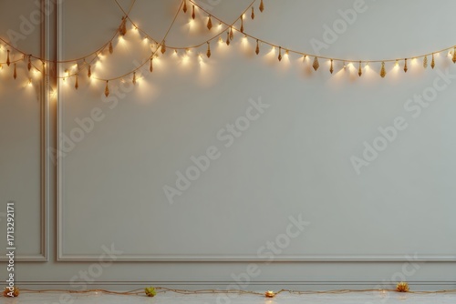 Modern plain wall decorated with a small Deepavali garland in a clean minimalist style.