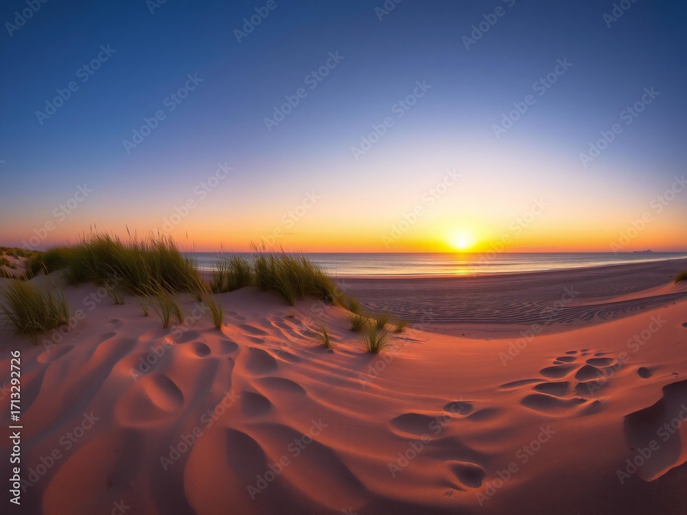 Fototapeta premium Serene beach sunset panorama with vibrant orange and blue sky over the ocean