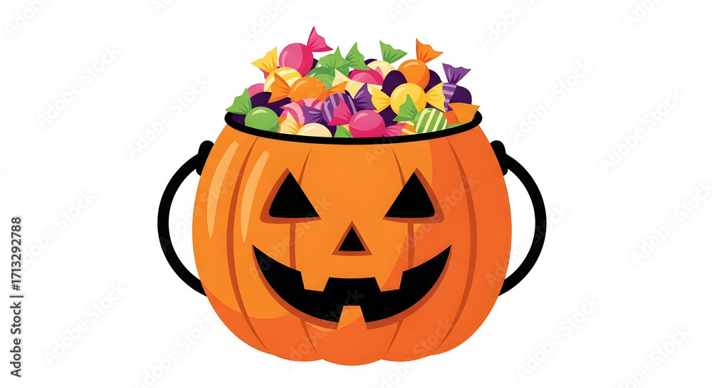 Fototapeta premium Halloween pumpkin candy bucket filled with assorted sweets