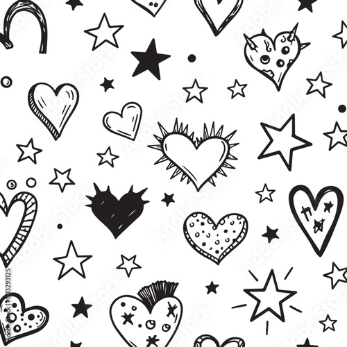 A fun seamless pattern featuring various hand-drawn punk rock hearts, stars, and doodles in black and white