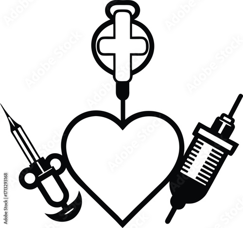 Medical iconography featuring a heart surrounded by syringes and a cross symbol symbolizing healthcare and life saving interventions