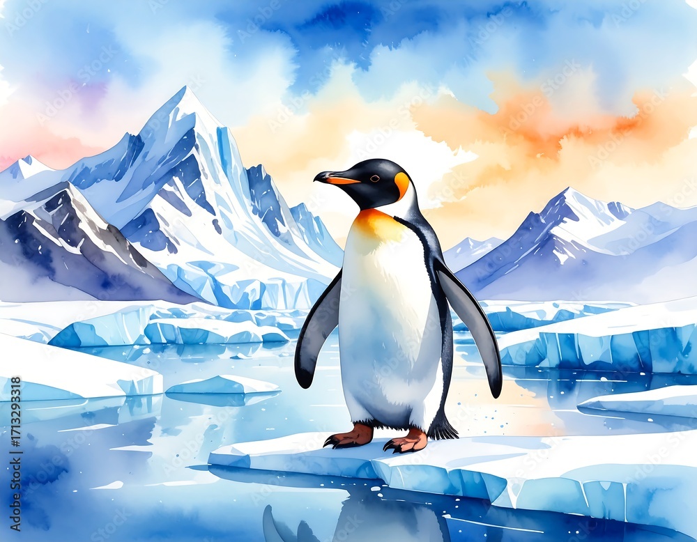 Fototapeta premium A solitary emperor penguin stands proudly on a glacial ice floe, amidst a serene arctic landscape painted in watercolor hues.