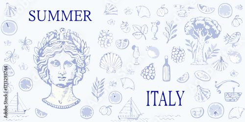 Summer in italy vintage illustration collection with roman bust and mediterranean icons