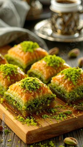 Delicious baklava squares on a wooden board