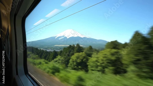 Mount Fuji View from Shinkansen Bullet Train Window in Japan.
