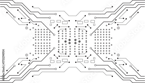 Intricate circuit board design featuring interconnected pathways, electronic components, and a central processing unit.