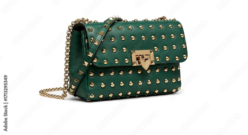 Obraz premium Emerald Green Studded Handbag with Gold Chain and Hardware on White Background