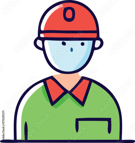 Simple cartoon character icon of a construction worker wearing a hard hat and green uniform with red collar for industrial and safety concepts