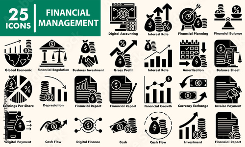Financial management icon set. Including accounting, cash flow, investment, business planning, financial
growth, digital payment, and currency exchange symbols.