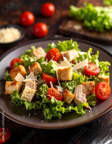 Delicious Caesar salad with chicken and Parmesan cheese