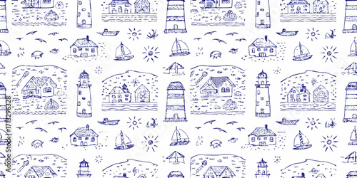 Charming blue ink hand drawn doodle seamless pattern of lighthouses houses sailboats and seagulls