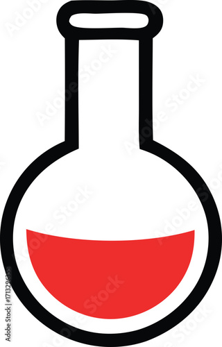 Simple icon of a round bottom flask filled with red liquid ideal for science education and medical graphics