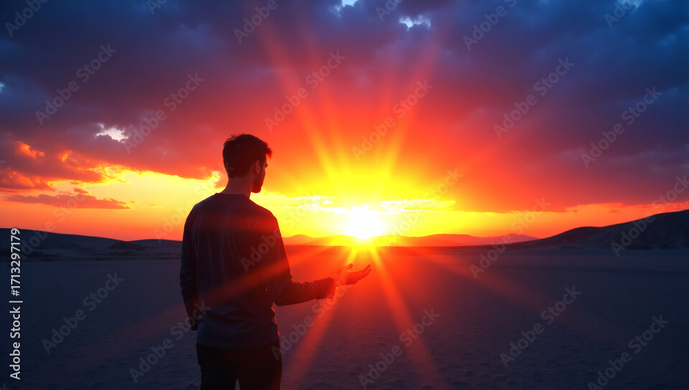 Fototapeta premium Silhouette of Hope Lone Figure Reaching for Golden Light in Desert at Sunset, Cinematic