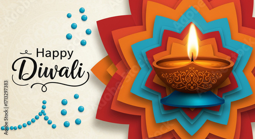 Happy diwali greeting card with diya lamp and colorful flower design for the festival of lights celebration