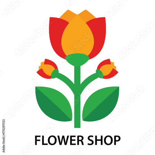 A flower shop logo with a red and orange tulip and two smaller buds, symbolizing spring, nature, and new growth
