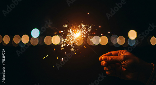 A hand holding a sparkler with bokeh lights in the background during a dark night celebration