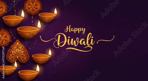 Happy diwali illustration with lit diyas and decorative elements on a purple background design card