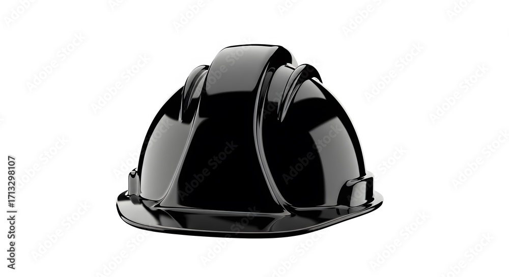 Fototapeta premium A shiny black construction hard hat isolated against a clean white background.
