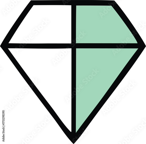 Abstract geometric diamond shape with teal and white halves and black outline symbolizing value and clarity
