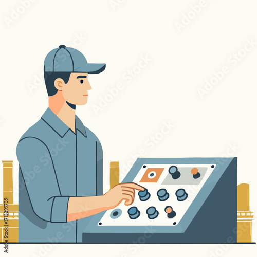Illustration of a Worker Operating a Control Panel in a Factory
