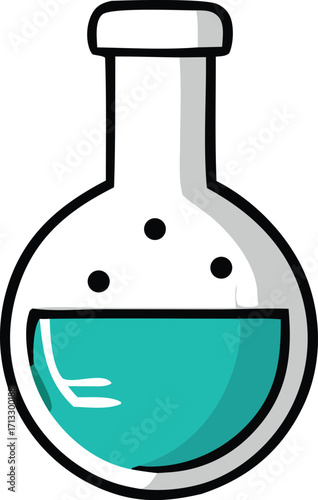 Round bottom flask with turquoise liquid and air bubbles for laboratory research and scientific experiment concept