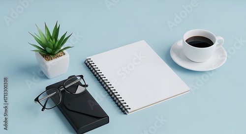 A spiral notebook rests beside a cup of dark coffee and an ornamental succulent plant, while stylish spectacles sit on their protective case to facilitate productive daily planning